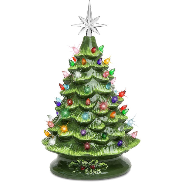 15in Pre-lit Hand-Painted Ceramic Tabletop Christmas Tree with 64 Multicolored Lights - Green - Fry's Superstore