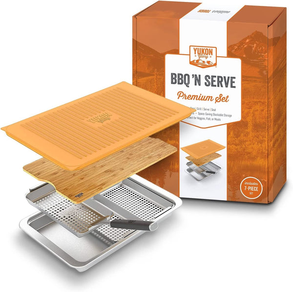 BBQ 'N SERVE Premium Set, 3 Grill Baskets, Bamboo Cutting Board, Serving Tray, and Plastic Lid - Fry's Superstore