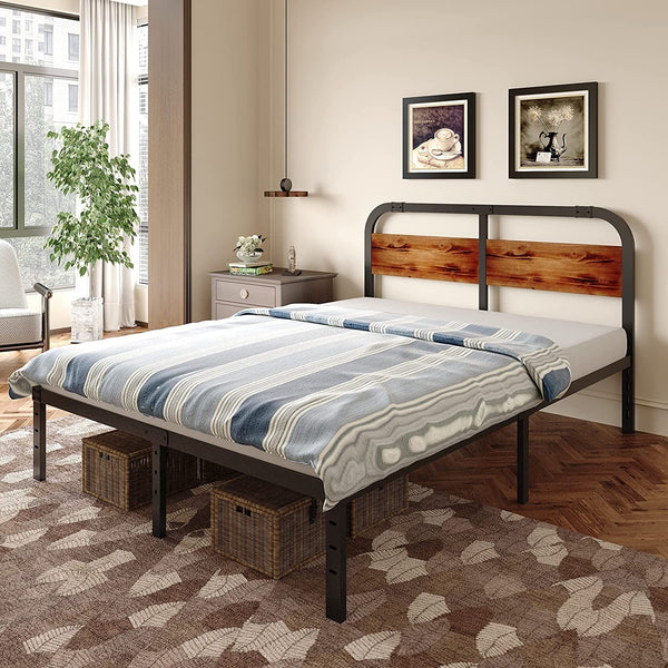 Full-Size Platform Bed Frame with Rustic Solid Wood Headboard, No Box Spring Needed - Fry's Superstore