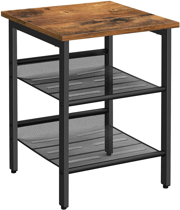 Metal Frame End Table, Nightstand with 2 Adjustable Mesh Shelves, Rustic Brown and Black - Fry's Superstore
