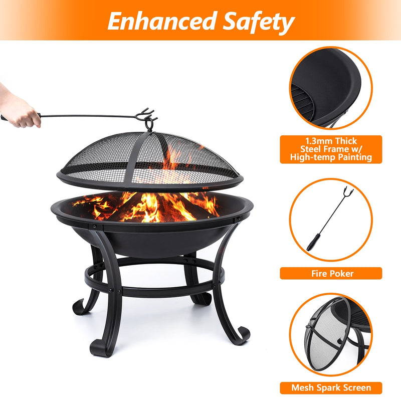 22-inch Fire Pit Steel Wood Burning Small Fire Pit with Spark Screen Log Grate Poker - Fry's Superstore
