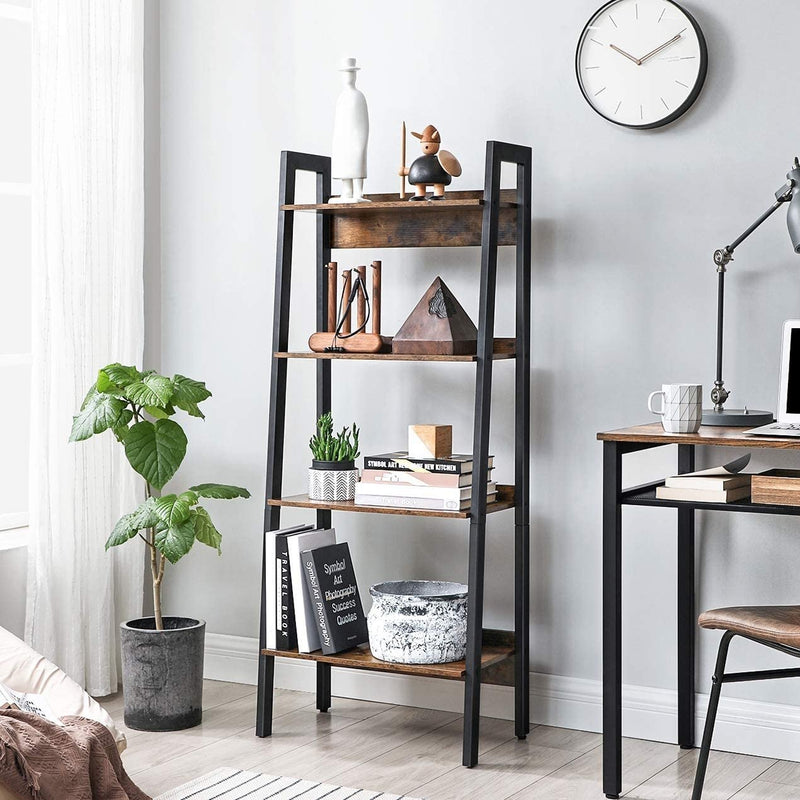 4-Tier Home Office Ladder Bookshelf, Rustic Brown and Black - Fry's Superstore