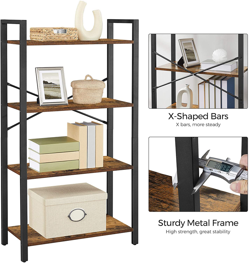 VASAGLE 4-Tier Standing Unit Bookshelf Bookcase Industrial Design Rustic Brown