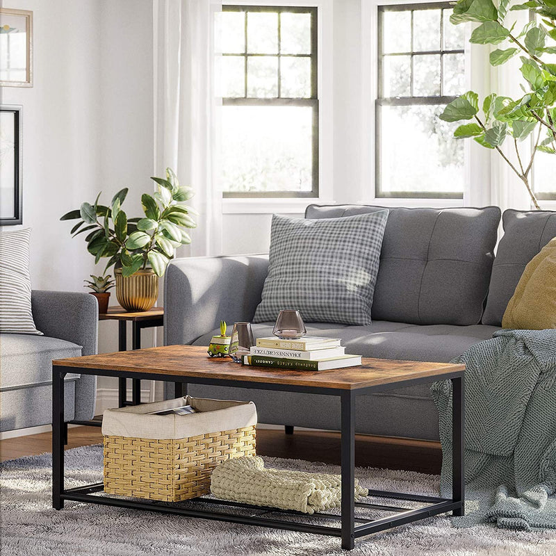Living Room Coffee Table with Dense Mesh Shelf, Large Storage Space, Rustic Brown - Fry's Superstore