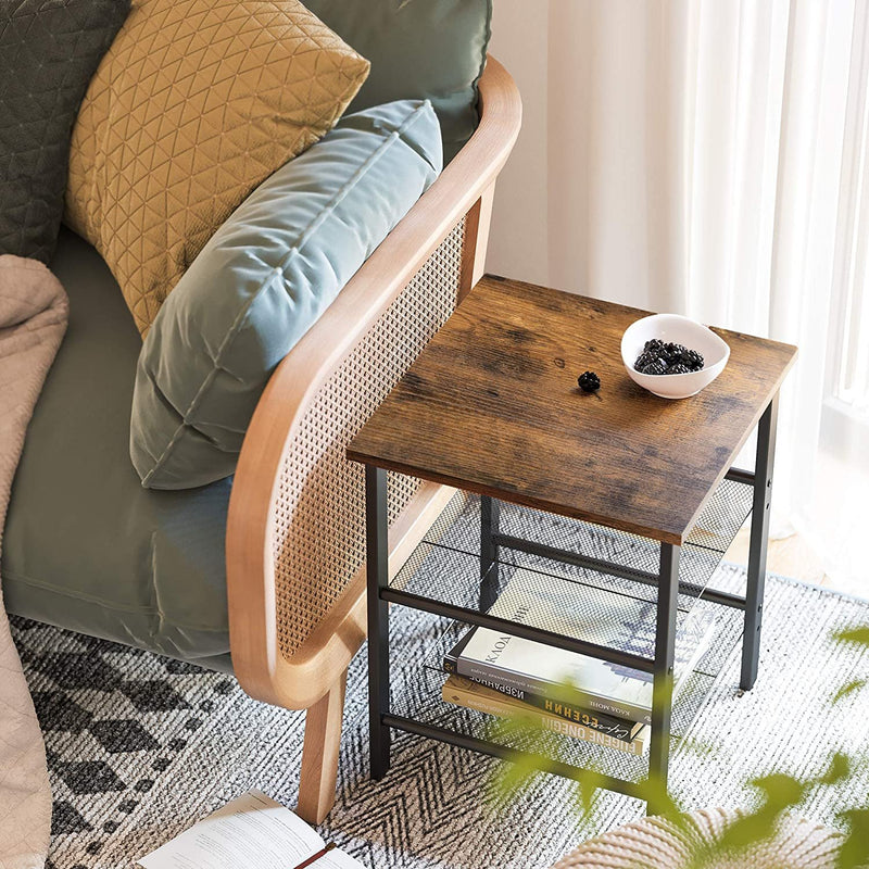 Metal Frame End Table, Nightstand with 2 Adjustable Mesh Shelves, Rustic Brown and Black - Fry's Superstore