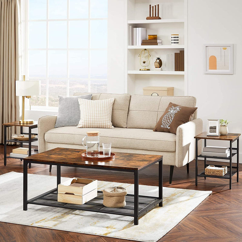 Metal Frame End Table, Nightstand with 2 Adjustable Mesh Shelves, Rustic Brown and Black - Fry's Superstore