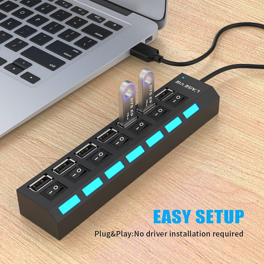 Split Multi Port Multi-Port USB Splitter, High-Speed ON/Off Switch with LEDs