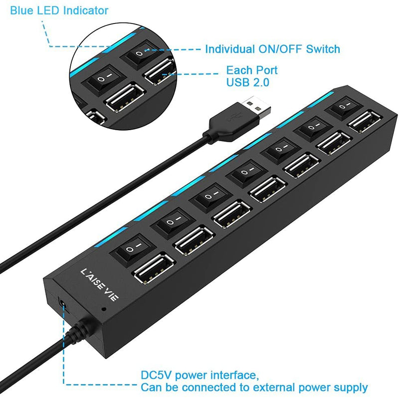 Split Multi Port Multi-Port USB Splitter, High-Speed ON/Off Switch with LEDs