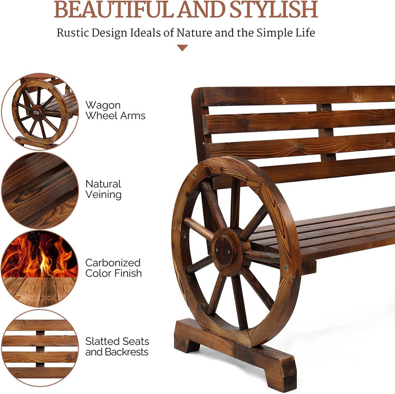 Rustic Wooden Wheel Bench, 41" 2-Person, 55" 3-Person Wagon Slatted Seat - Fry's Superstore