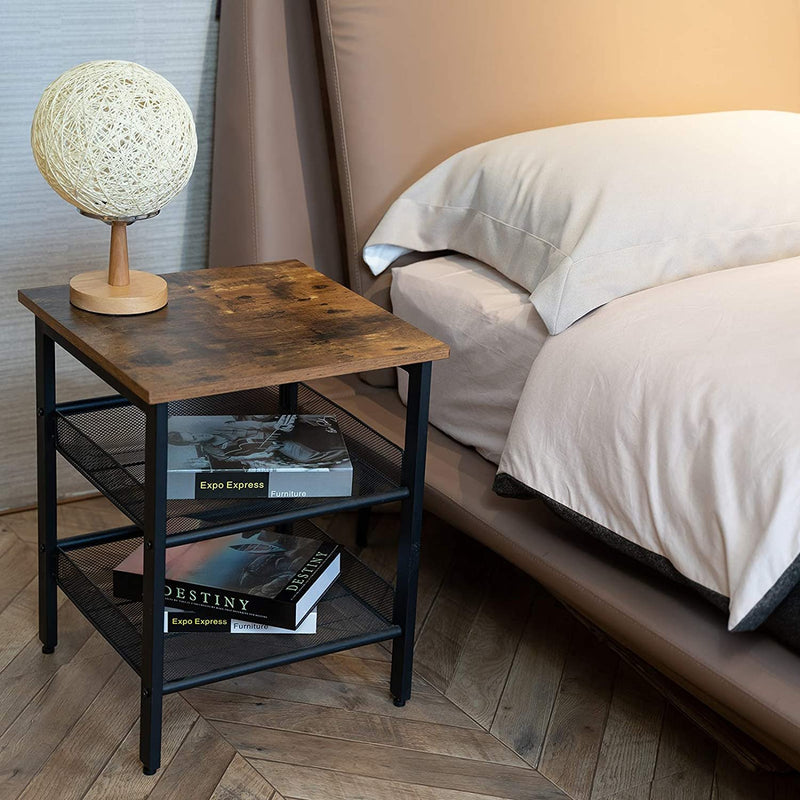 Set of 2 Living Room End Tables, Industrial Bedroom Nightstand Table with Mesh Shelves, Brown - Fry's Superstore