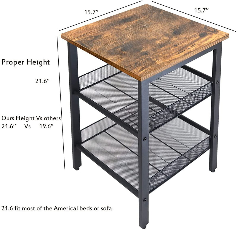Set of 2 Living Room End Tables, Industrial Bedroom Nightstand Table with Mesh Shelves, Brown - Fry's Superstore