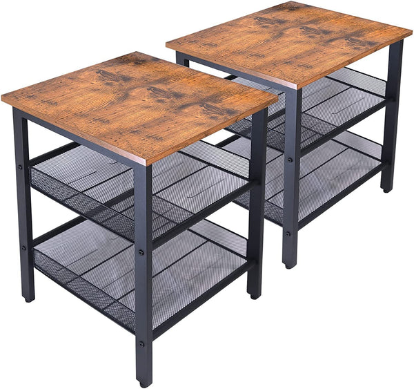 Set of 2 Living Room End Tables, Industrial Bedroom Nightstand Table with Mesh Shelves, Brown - Fry's Superstore