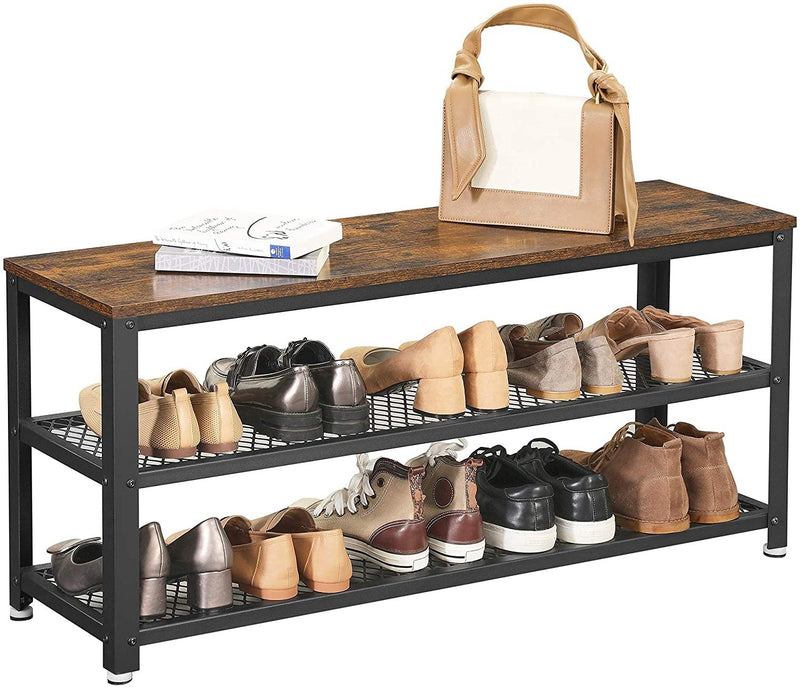 VASAGLE 3-Tier Shoe Rack Bench Steel Frame Rustic Brown and Black - Fry's Superstore
