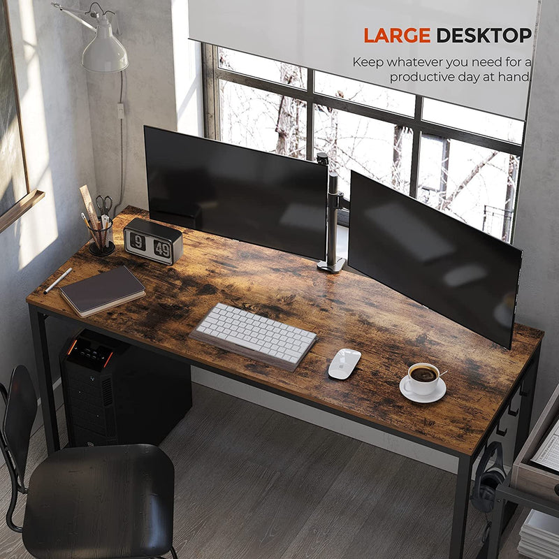 VASAGLE Office Study Computer Writing Desk Table with 8 Hooks, Metal Frame Rustic Brown - Fry's Superstore