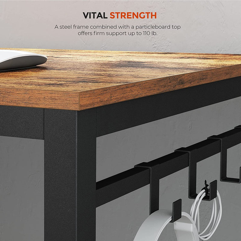 VASAGLE Office Study Computer Writing Desk Table with 8 Hooks, Metal Frame Rustic Brown - Fry's Superstore