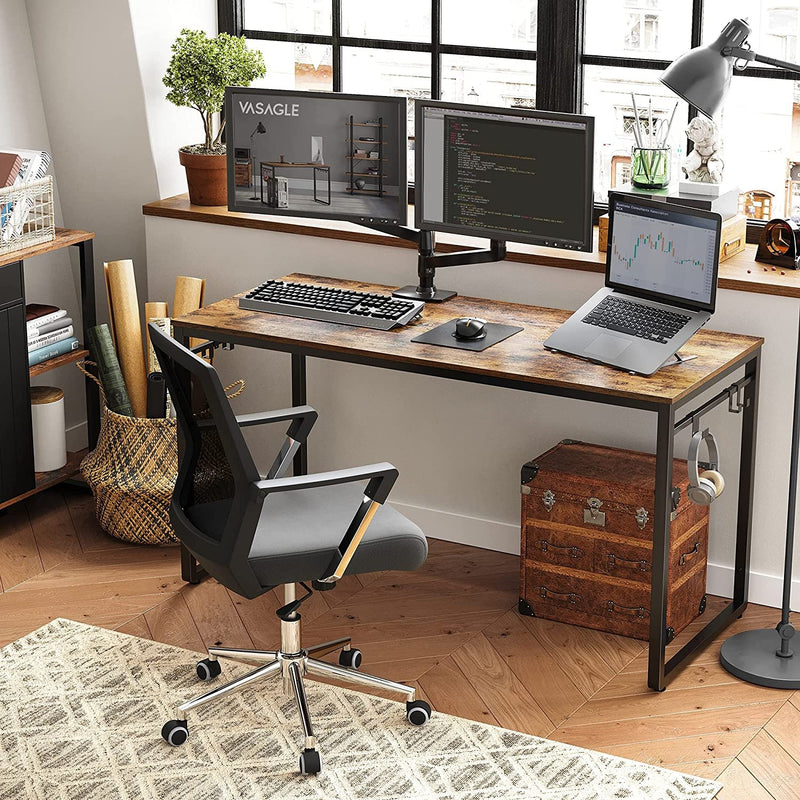 VASAGLE Office Study Computer Writing Desk Table with 8 Hooks, Metal Frame Rustic Brown - Fry's Superstore