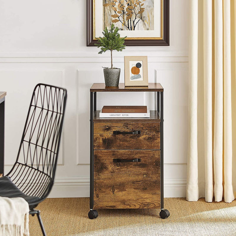 VASAGLE Open Shelf Industrial Rolling Office Filing Cabinet with 2 Drawers Rustic Brown and Black - Fry's Superstore